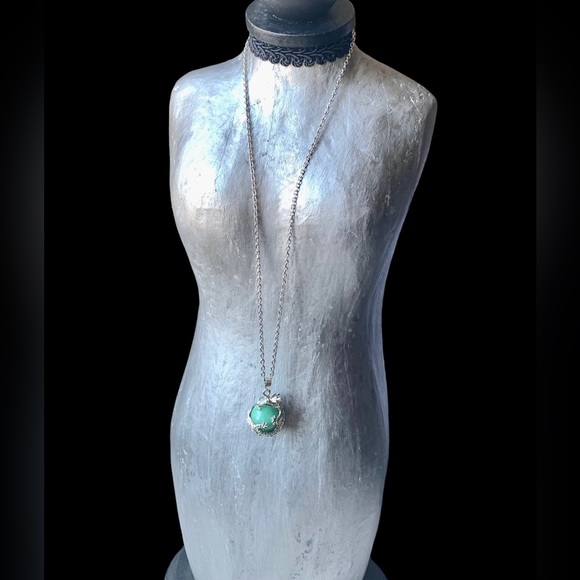 Green Aventurine Stone Silver Dragon Wrapped Ball Cylinder Faux Jade Necklace - Picture 4 of 8